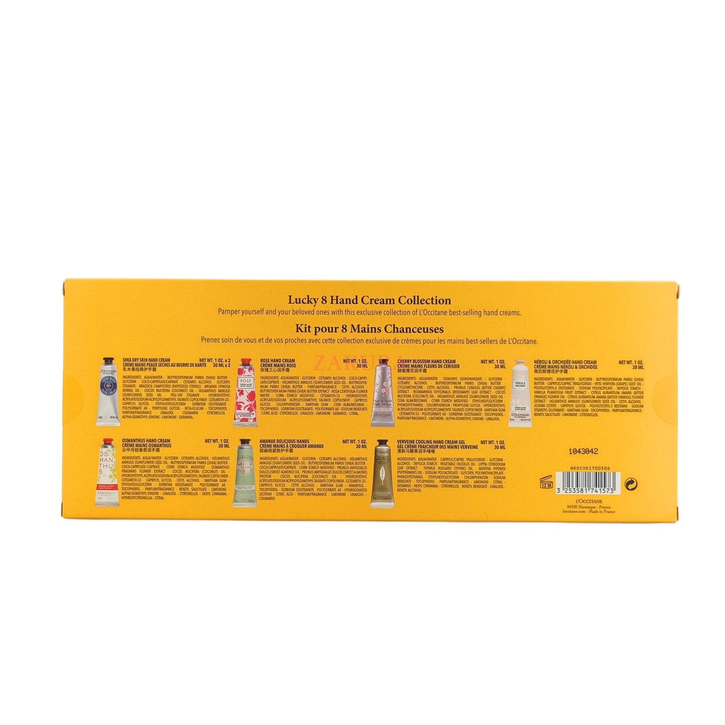 L'Occitane Lucky 8 Hand Cream Collection – 8 assorted 30ml tubes in gift packaging, available at Zakura Global for nourishing and fragrant hand care.