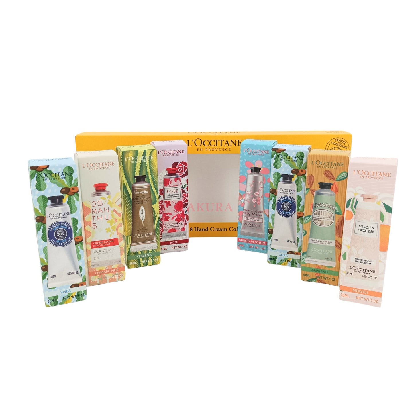 L'Occitane Lucky 8 Hand Cream Collection – 8 assorted 30ml tubes in gift packaging, available at Zakura Global for nourishing and fragrant hand care.