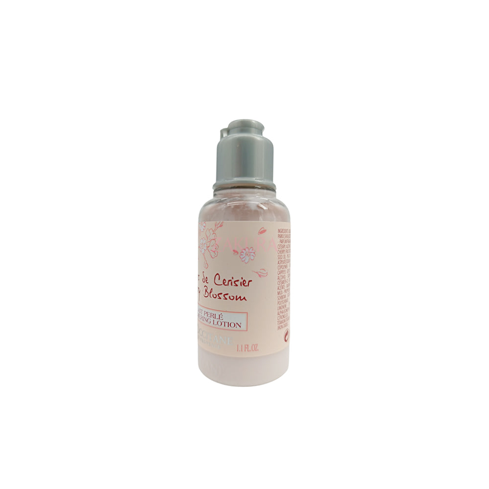 L'Occitane Cherry Blossom Shimmering Lotion – 35ml miniature bottle for glowing, hydrated skin with a floral scent, available at Zakura Global.