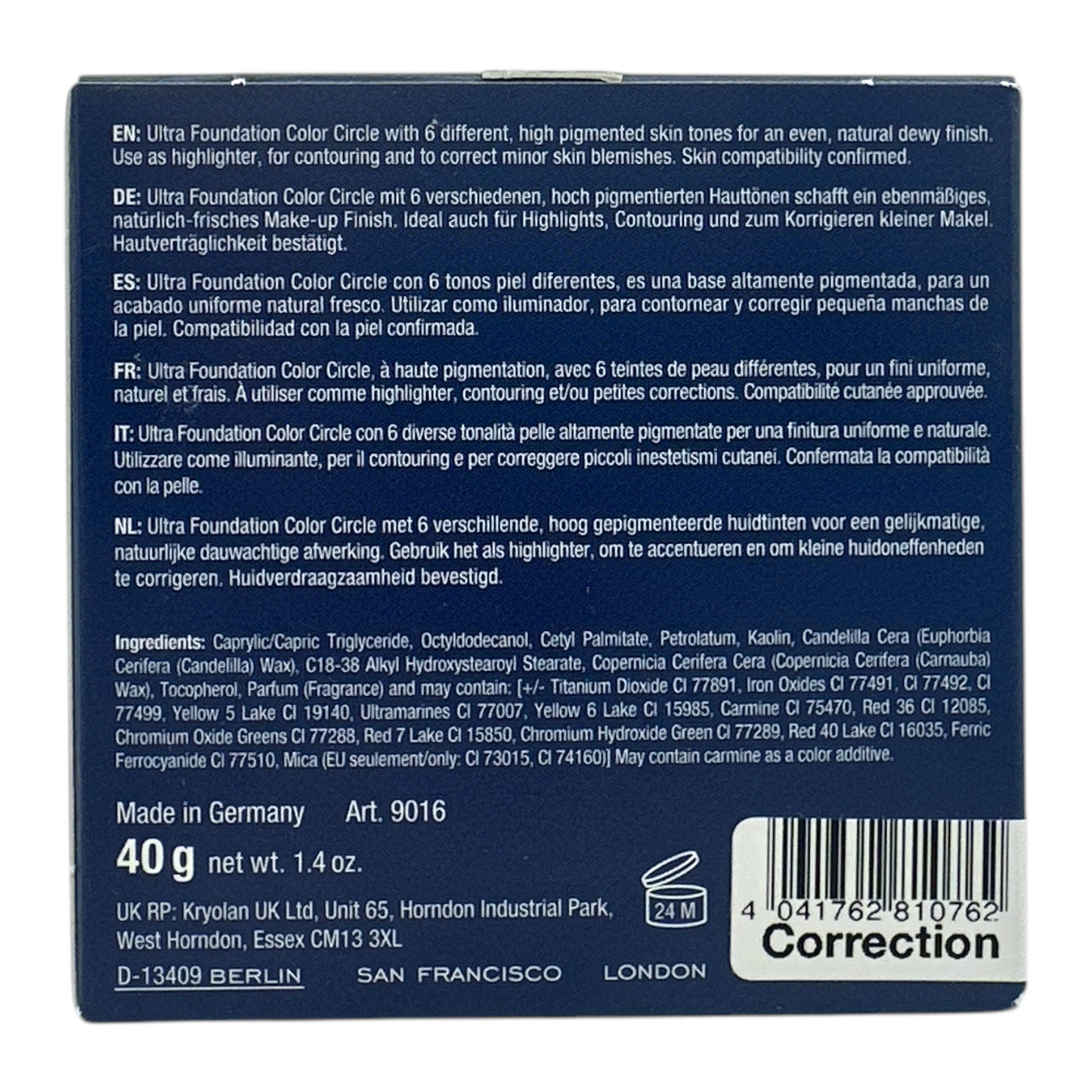 Kryolan Ultra Foundation Color Circle – 40g cream-based correction palette with 6 shades, available at Zakura Global.
