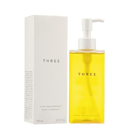 Three Balancing Cleansing Oil R – Japanese botanical oil cleanser in 185ml bottle for gentle makeup removal and skin hydration, available at Zakura Global.