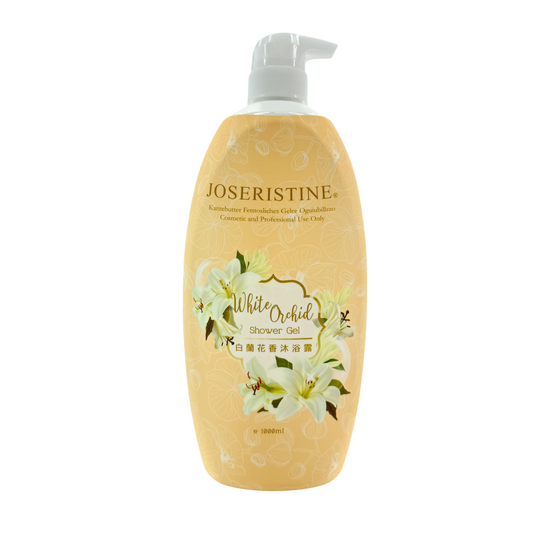 Joseristine White Orchid Shower Gel 1000ml bottle with floral scent and hydrating formula, available at Zakura Global.