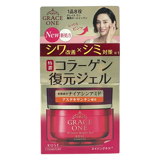 Kose Grace One Wrinkle Repair Gel Cream 100g jar with anti-aging ingredients, available at Zakura Global.