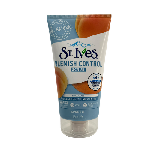 ST. IVES Blemish Control Apricot Facial Scrub – 150ml, exfoliating cleanser with salicylic acid and walnut shell, available at Zakura Global.