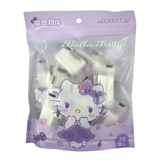 Sanrio Hello Kitty Compression Tissue – Light Purple 20pcs, compact and expandable tissues for travel and hygiene, available at Zakura Global.