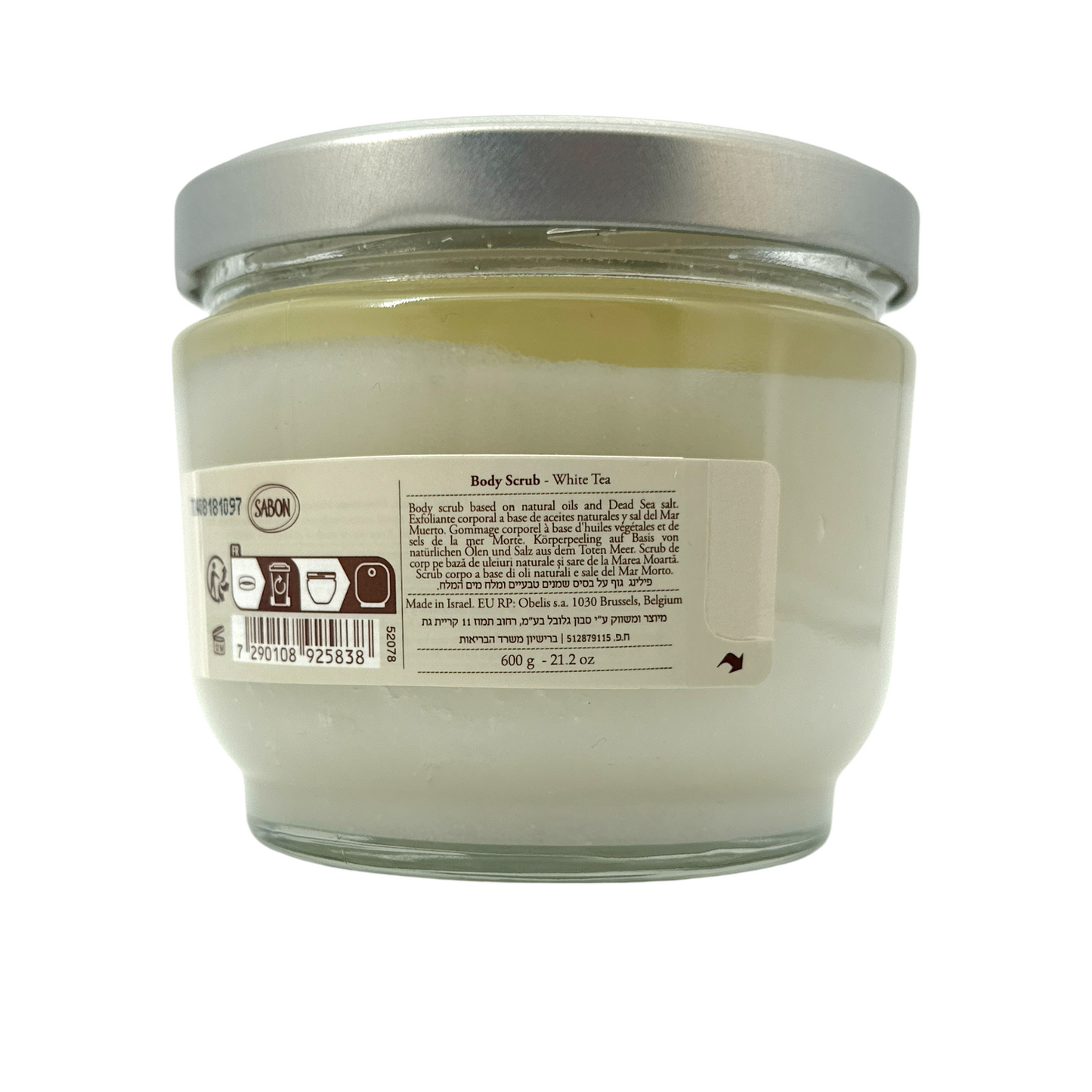 Sabon White Tea Body Scrub 600g – Dead Sea salt exfoliator with botanical oils and fig-lemon-jasmine scent, available at Zakura Global.