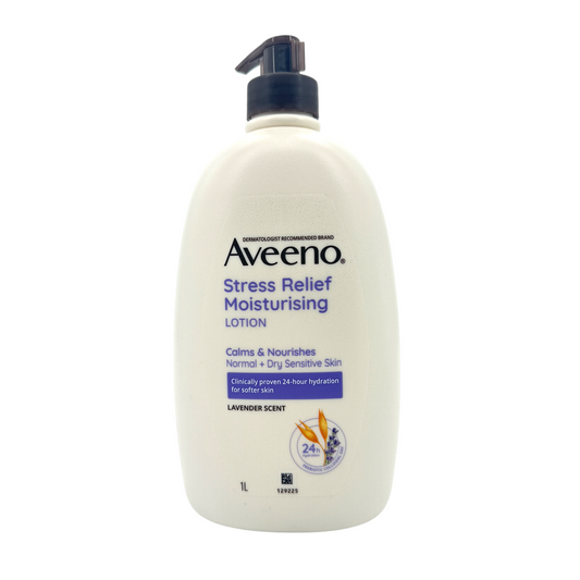 Aveeno Stress Relief Moisturizing Lotion – calming body lotion with lavender and oat, 1000ml size, available at Zakura Global.