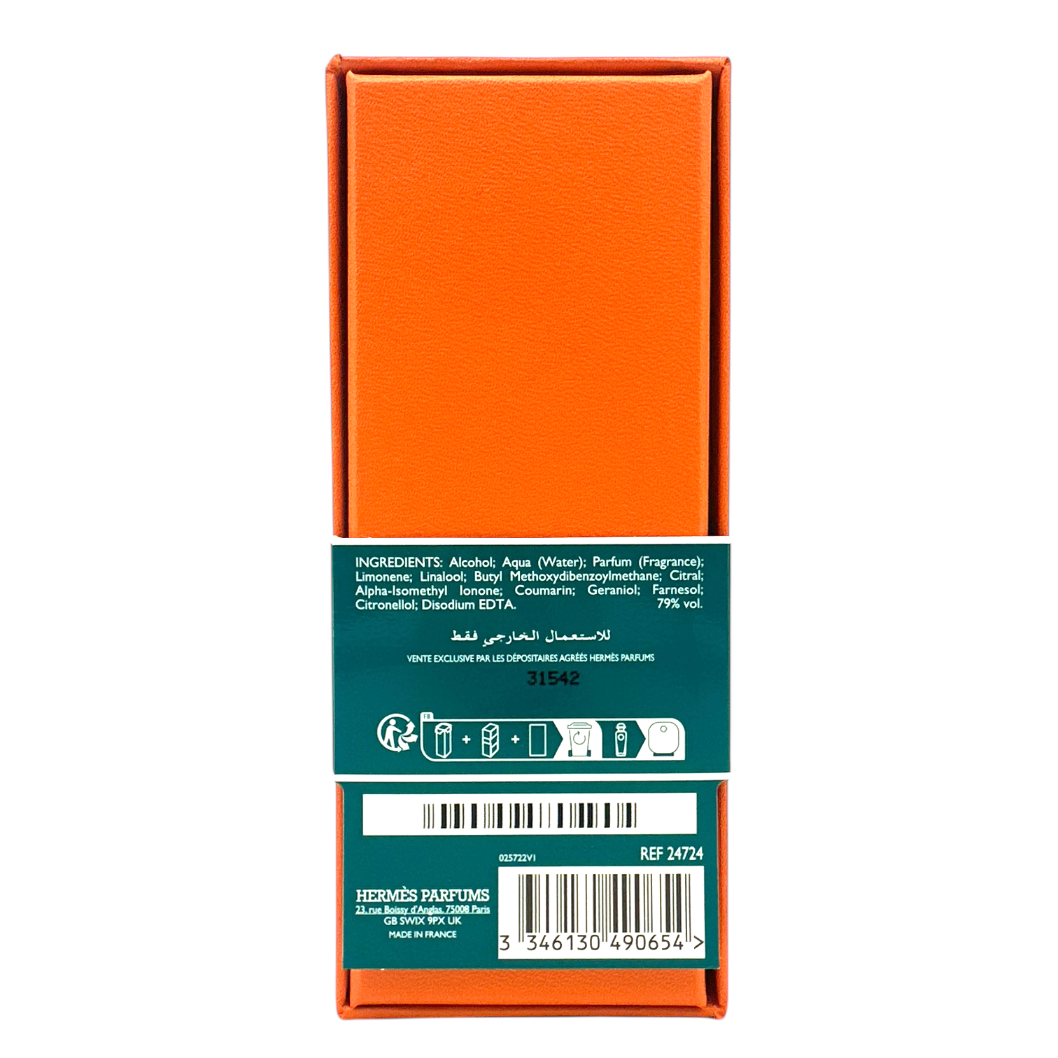 Hermes Concentre D'Orange Verte Eau De Toilette 100ml bottle, featuring a sleek green glass design with a black cap, representing a fresh citrus fragrance for men and women, available at Zakura Global.