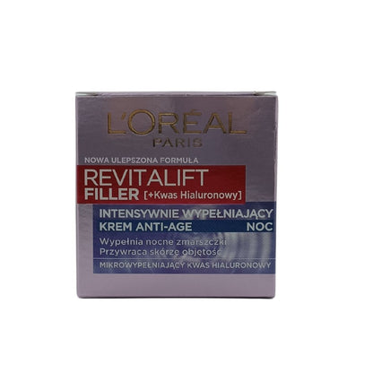 L'Oreal Revitalift Filler Night Cream – 50ml jar for overnight hydration and plumping, available at Zakura Global.
