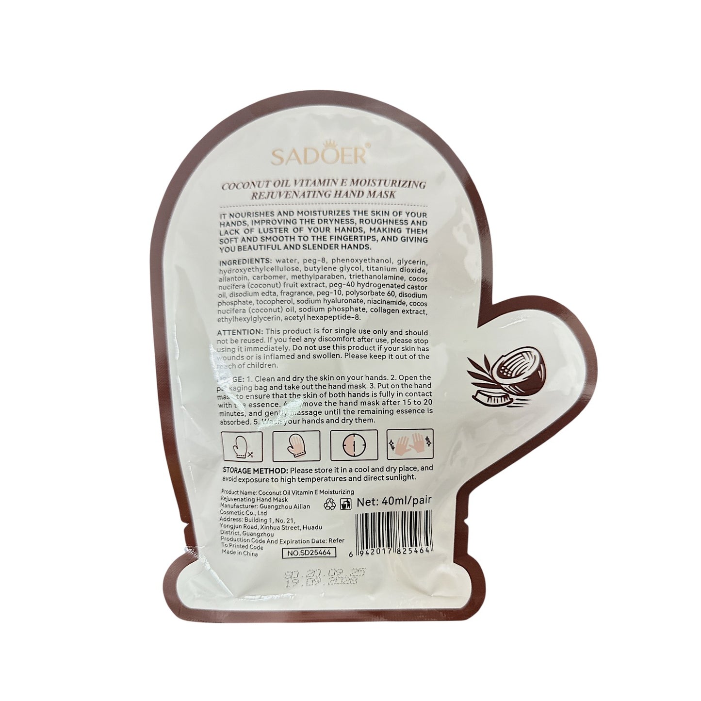 SADOER Coconut Oil Vitamin E Moisturizing  Hand Mask 1pair