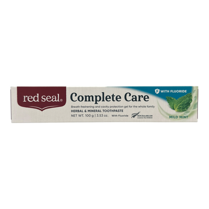 Red Seal Complete Care Fluoride Toothpaste 100g – mild mint flavor with cavity protection and herbal extracts, available at Zakura Global.